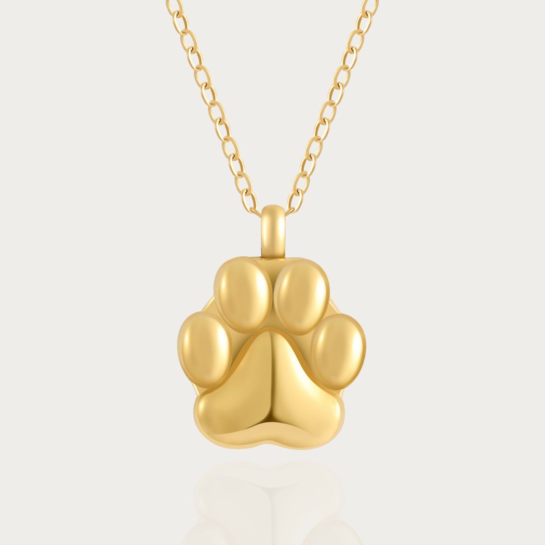 Paw Print Cremation Necklace for Dog Pet Ashes Gold