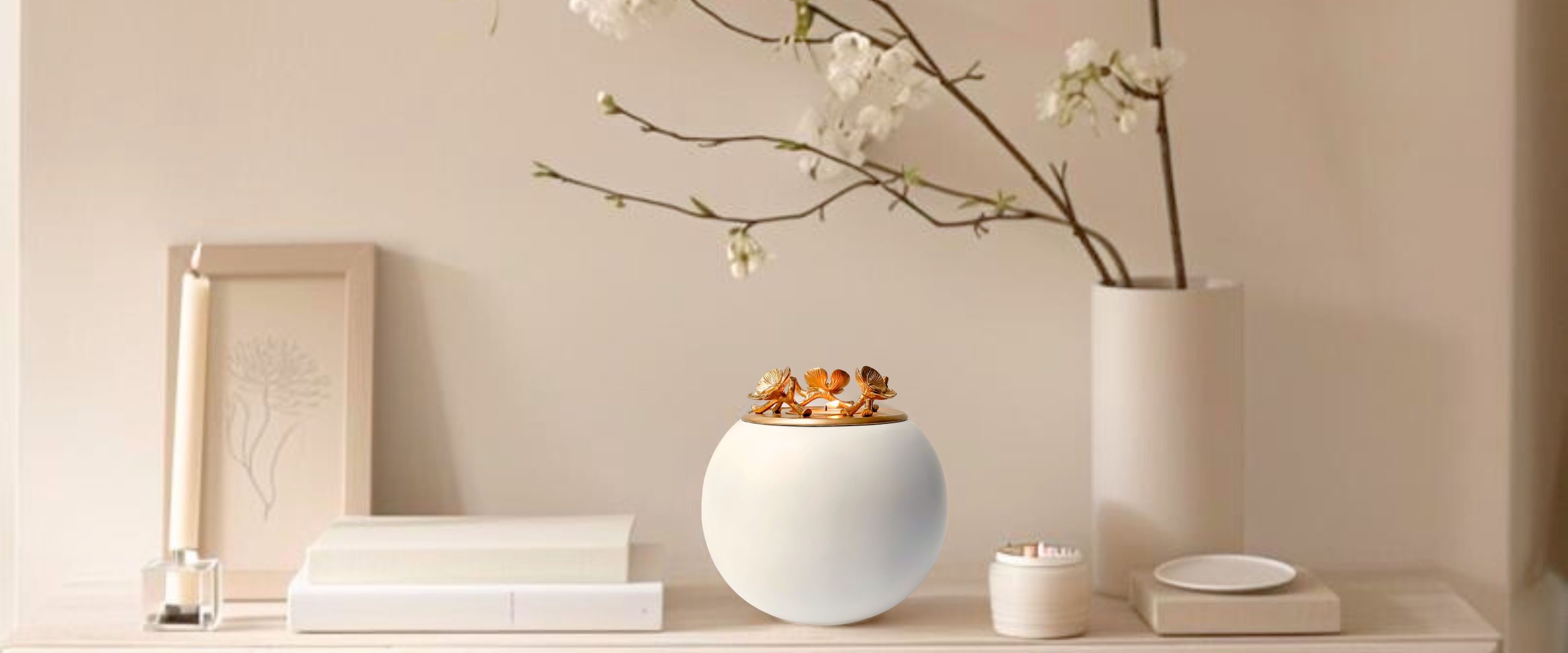 Gnight fetcher white and gold urn for ashes on mantlepiece