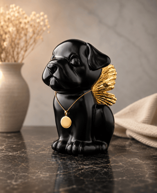 Bully Angel Dog Urn for Ashes with Wings - with customizable 18K Pendant - GNight Fetcher