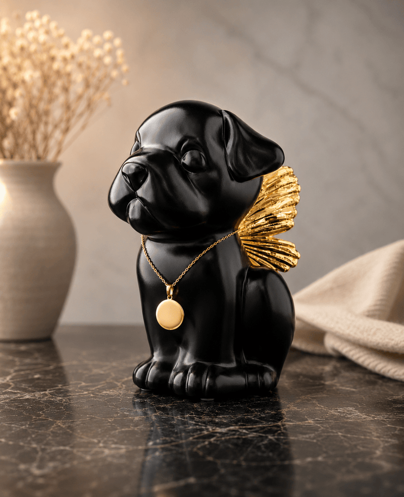 Bully Angel Dog Urn for Ashes with Wings - with customizable 18K Pendant - GNight Fetcher