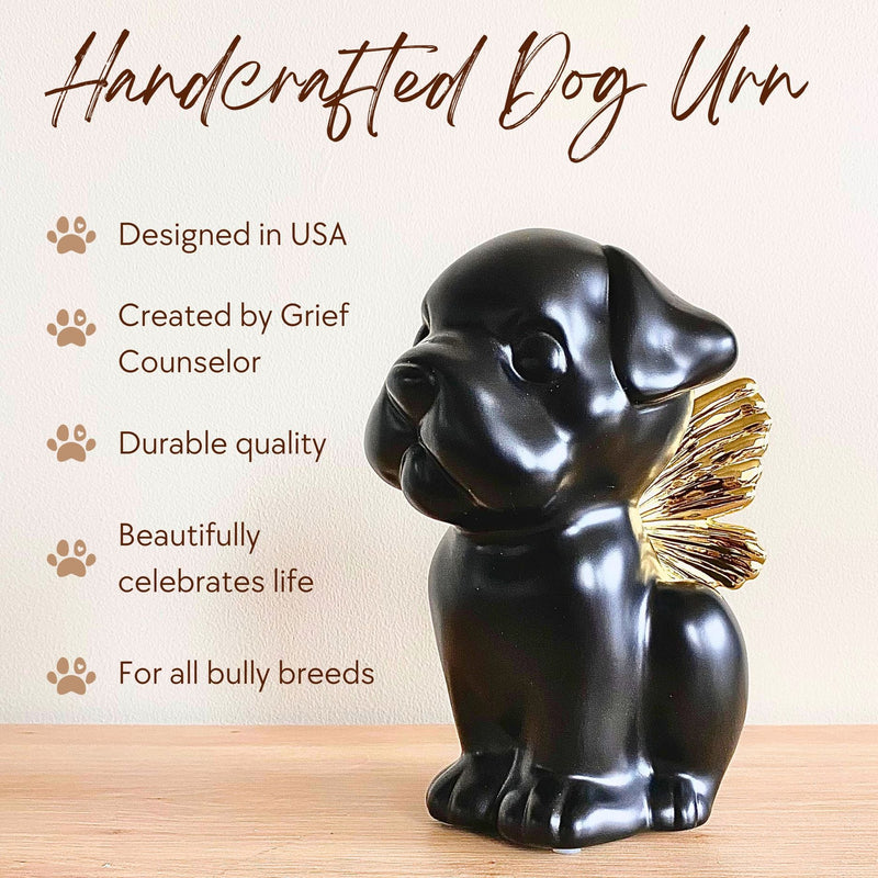 Bully Angel Dog Urn - Onyx with Gold Wings (Great for all bully breeds: Frenchies, Pugs, Boston terriers, Pit bulls, Boxers, and Bulldogs) - GNight Fetcher