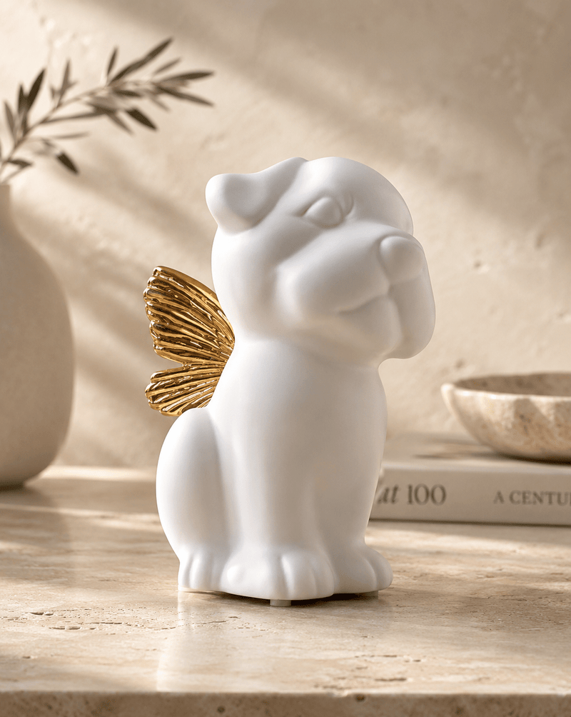 Bully Angel Dog Urn - White with Gold Wings (Great for all bully breeds: Frenchies, Pugs, Boston terriers, Pit bulls, Boxers, and Bulldogs) - GNight Fetcher