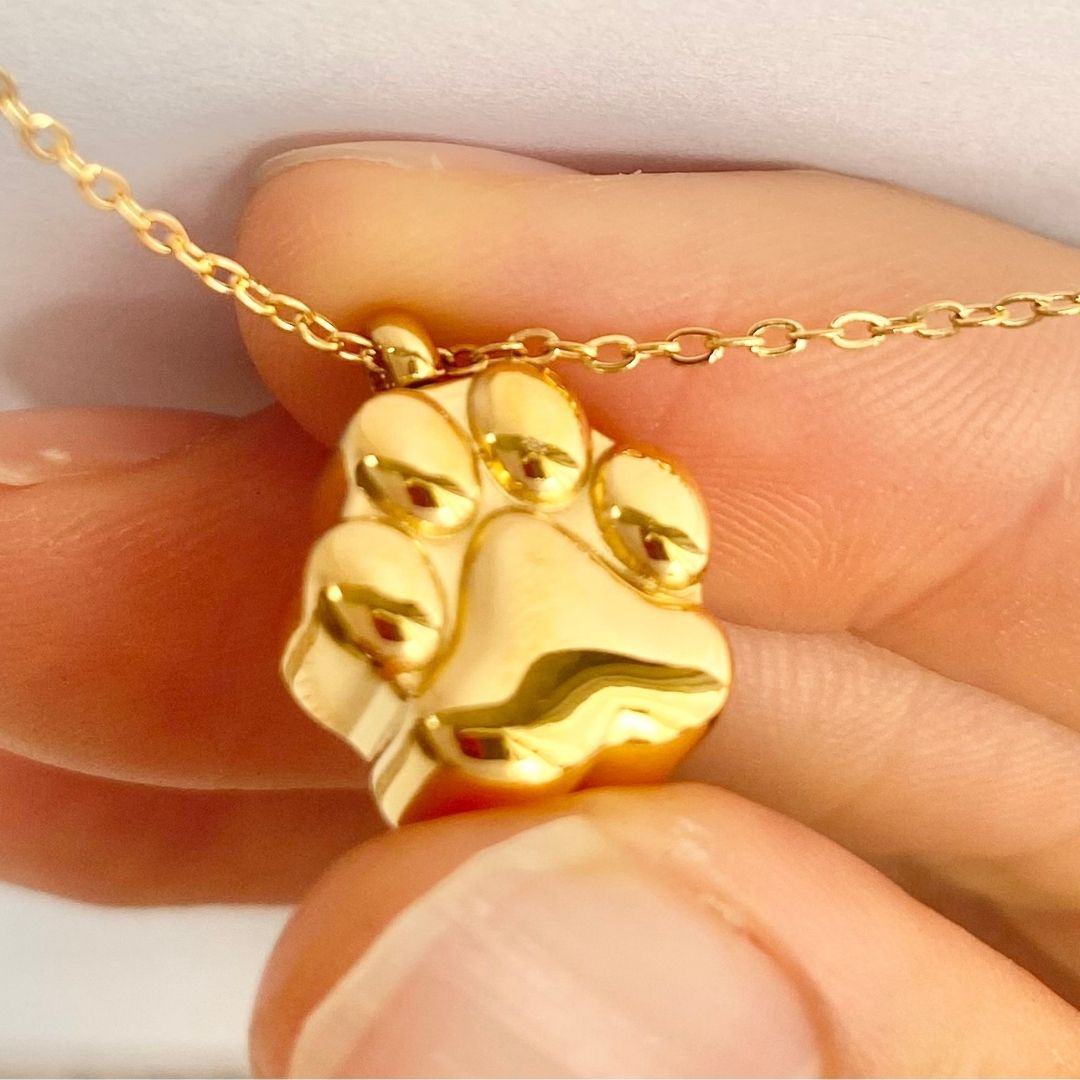 Paw Print Cremation Necklace for Dog Pet Ashes Gold
