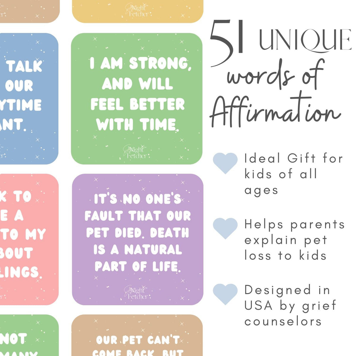 For Kids: Pet Loss Comfort Cards - 51 Affirmations with Prompts - GNight Fetcher