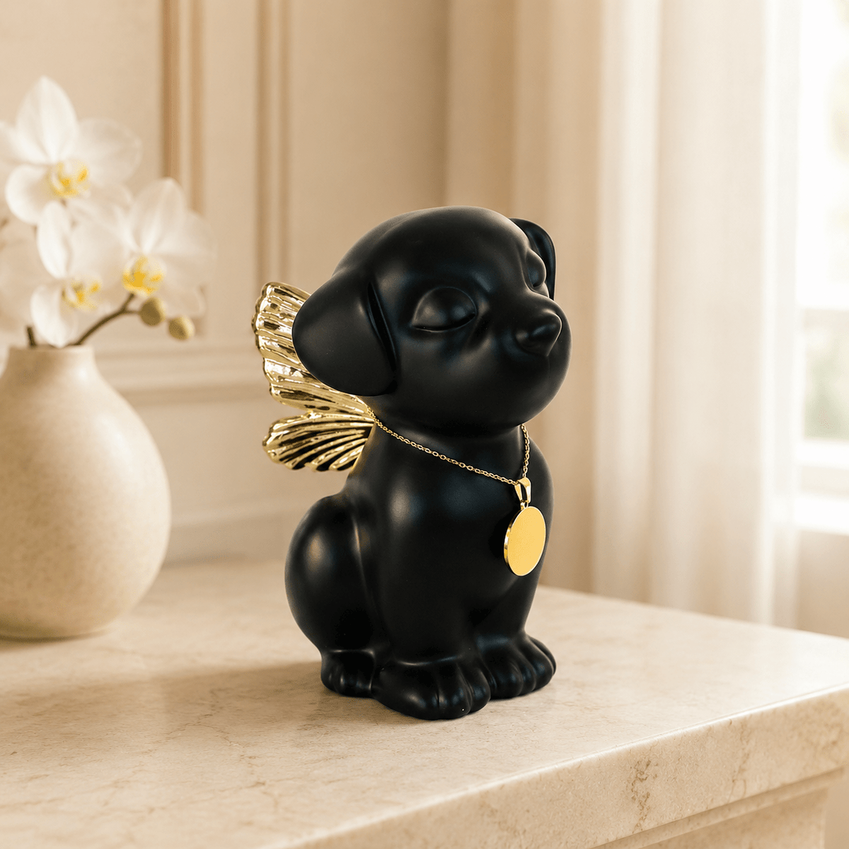 Handmade Angel Dog Urn for Ashes with Wings | Customizable 18K Gold/Silver Pendant - GNight Fetcher