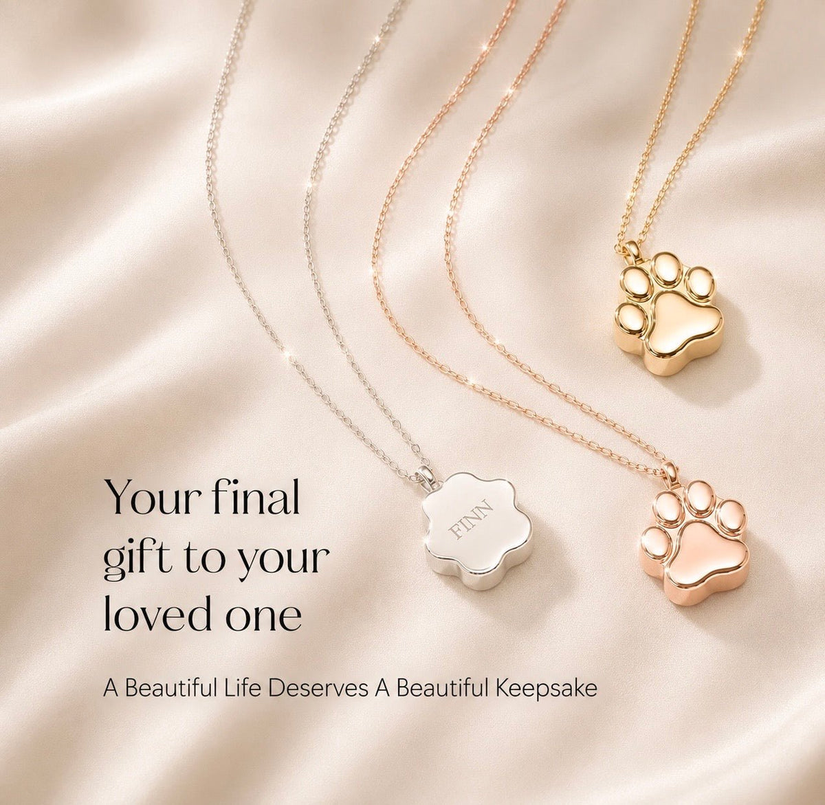 Paw Print Cremation Necklace for Dog & Pet Ashes [18K Gold, Silver, Rose] - GNight Fetcher