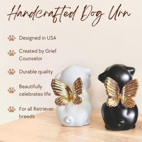 Retriever Angel Dog Urn - Onyx with Gold Wings - GNight Fetcher