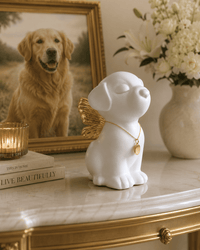 Retriever Angel Dog Urn - White with Gold Wings - GNight Fetcher